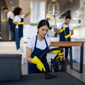 Professional Latin American cleaner vacuuming a couch at an apartment - housework concepts