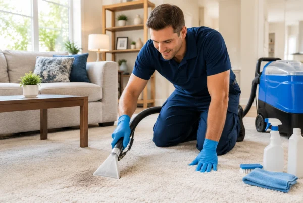 Professional carpet cleaner removing a carpet stain using specialized cleaning equipment in a residential home.