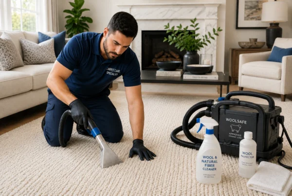 Professional carpet cleaning technician carefully cleaning a wool carpet in a modern living room.