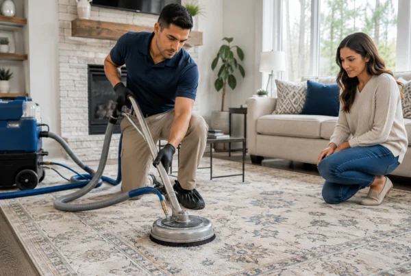Professional technician cleaning an area rug with a carpet cleaning machine in a residential home.