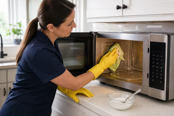 Professional cleaner demonstrating how to clean a microwave oven with baking soda to remove food residue and grease from a microwave.
