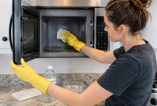 Professional cleaner demonstrating how to clean a microwave oven with vinegar to remove food splatters and grease.